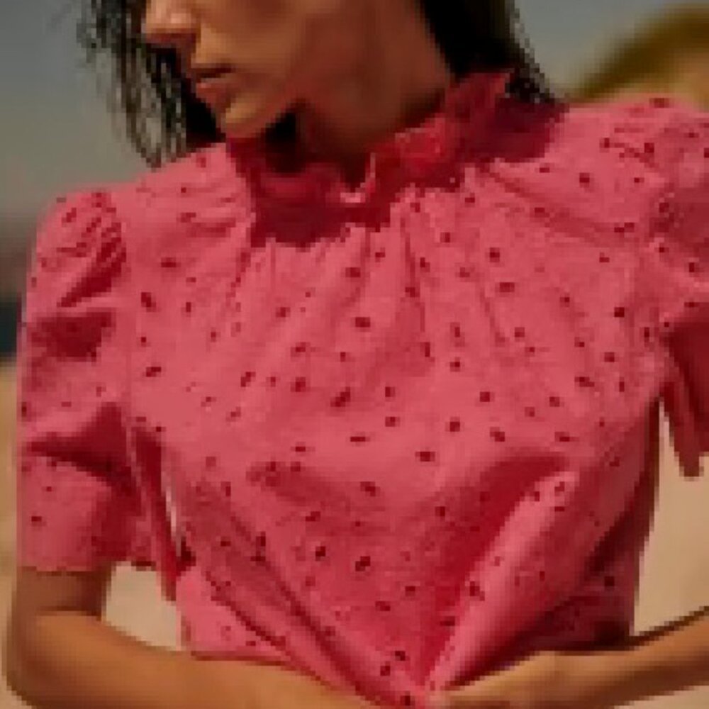 Sezane Pink Eyelet Puff Sleeve Blouse
